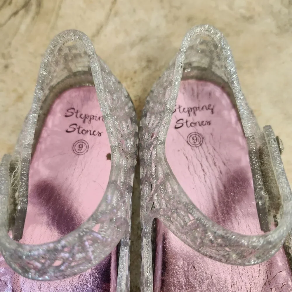 Stepping Stones Girls US 9 Silver Glitter Mary Jane Jelly Sandals Round Toe